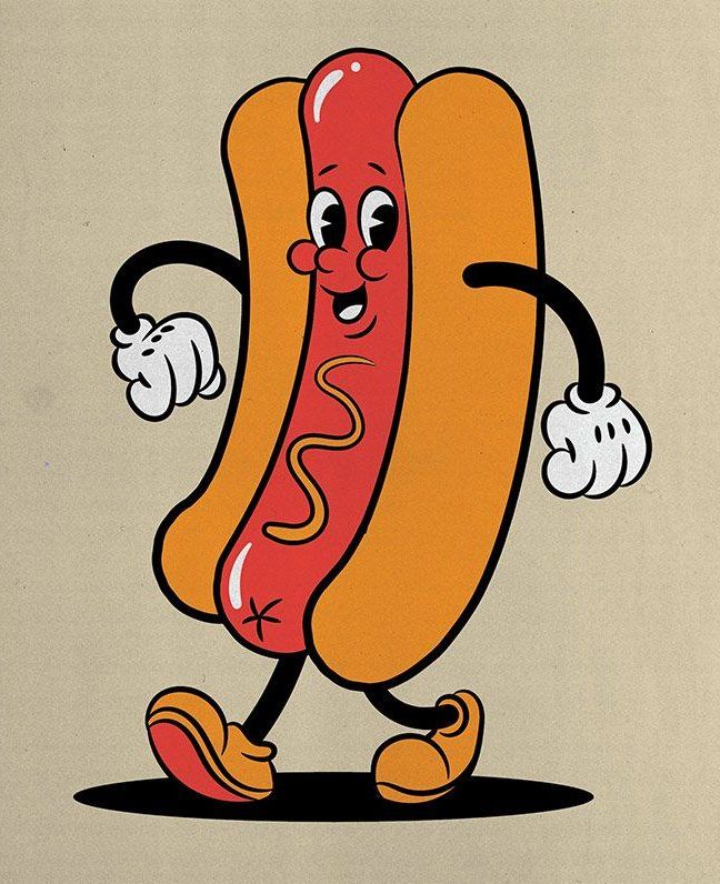 a cartoon hot dog with a retro design aesthetic. the hot dog is anthropomorphic, with arms, legs, and a smiling face. it is wearing white gloves and brown shoes, and is walking to the left. the background is a light tan color.