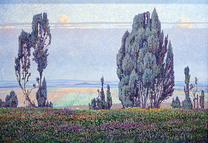 the image is a painting depicting a landscape with cypress trees and a field of flowers. the sky is light blue with a few clouds. the horizon is visible in the distance, with rolling hills and colorful fields. the foreground features a field of vibrant flowers. the painting is in a pointillistic style, with small dots of color used to create the overall image.