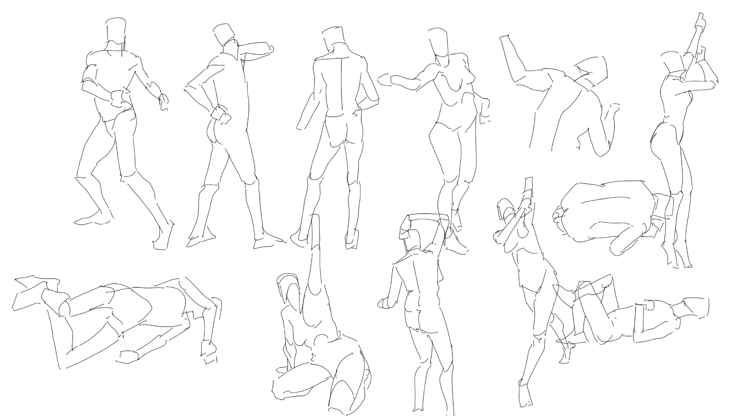 the image is a collection of gesture drawings of the human figure in various poses.  the drawings appear to be done quickly, capturing the essence of the pose and movement.