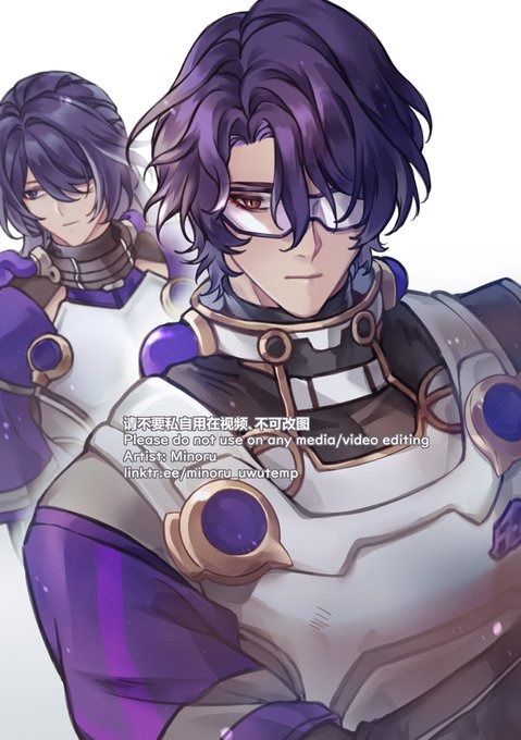 he image is a digital fanart featuring two animestyle male characters. the character in the foreground is the focal point, possessing vibrant purple hair that falls loosely around his shoulders. he wears glasses and a futuristic white armor set with purple and gold accents. the character behind him is slightly less detailed, also with purple hair, and wearing similar but less elaborate armor.  the artwork's style is clean and polished with soft shading and attention to detail in the characters' features and armor designs. a watermark indicates that the image should not be used without permission.