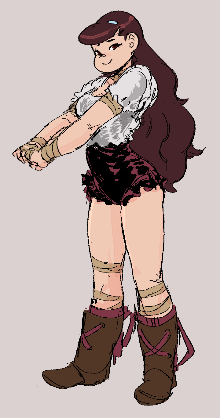 a woman with brown hair, wearing a white shirt and red shorts, stands with her arms crossed, her legs tied up with bandages. she is looking to her right, her eyes are wide open and her expression is one of innocence. she's wearing brown boots. her legs are slightly bent at the knees.