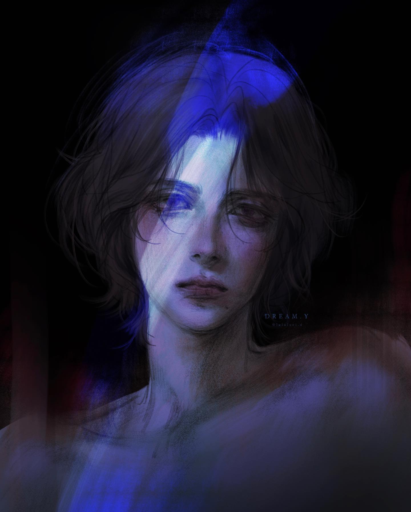 his digital illustration is a moody portrait of a young person with short, dark hair.  they are illuminated by a diagonal beam of blue light that emphasizes the shadows on their face and creates a dramatic and ethereal effect. the background is dark and abstract, further emphasizing the subject and the play of light. the portrait evokes a sense of melancholy and introspection.