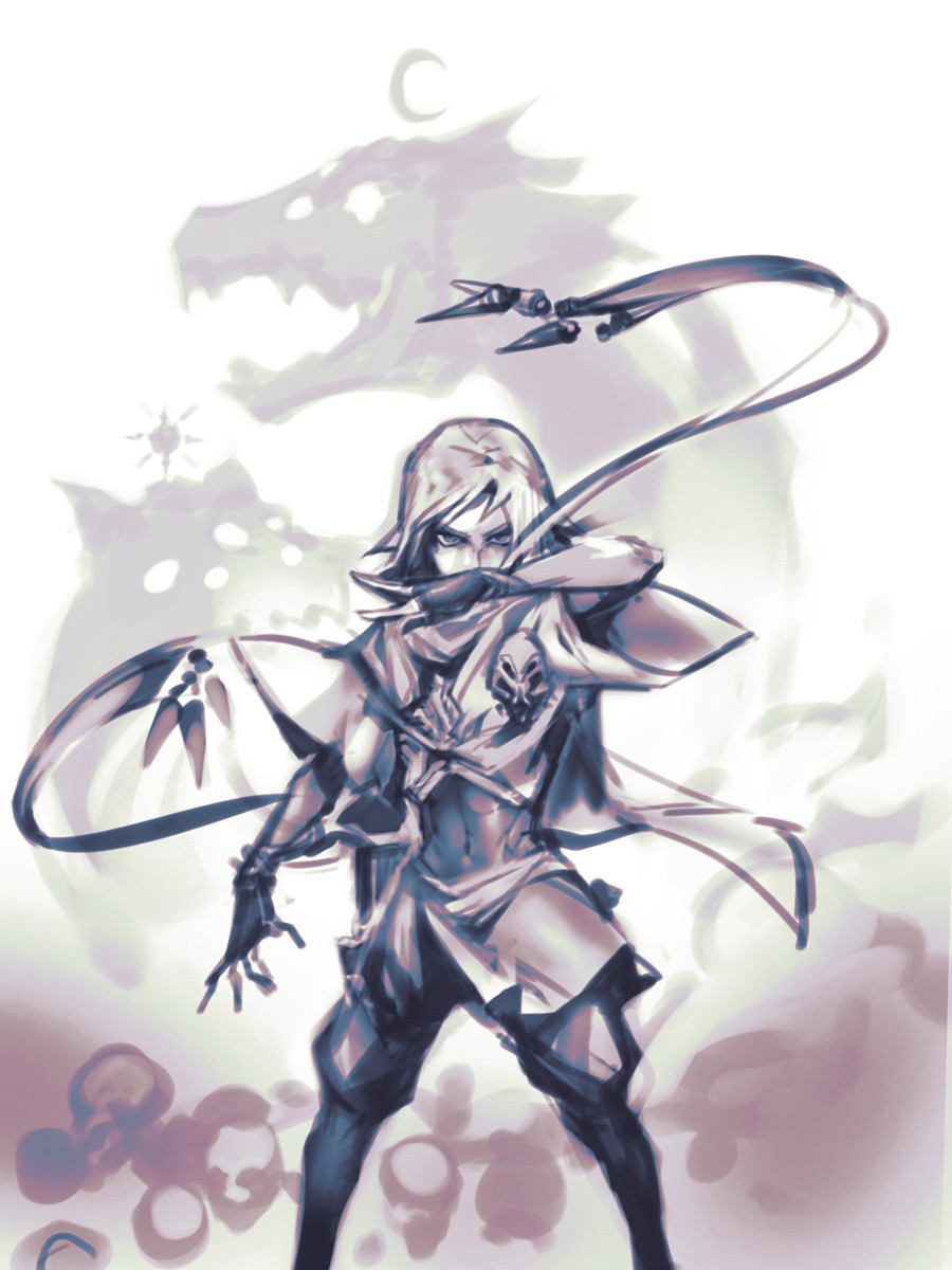 this is a digital painting of an anime girl warrior. she is wearing a blue and white outfit and has a white scarf flowing behind her. she has blue eyes and is holding a sword in her right hand. she has a menacing look on her face and looks to be in the middle of battle. in the background there is a shadowy creature.