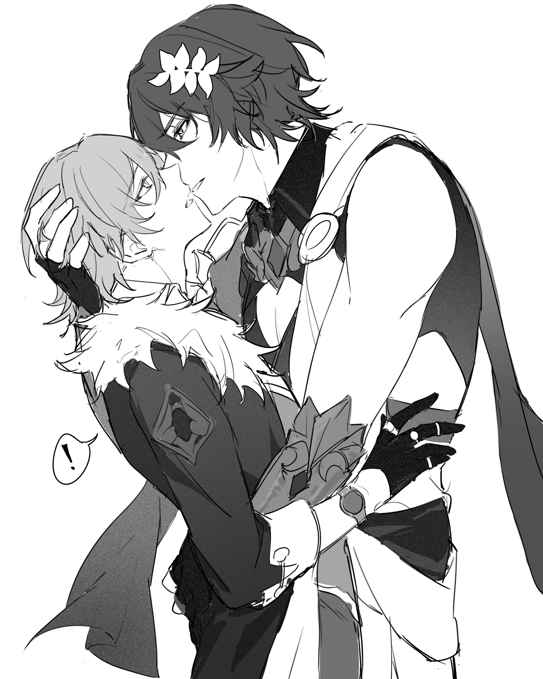 a black and white illustration of two anime boys embracing. the boy on the left is holding the boy on the right as they lean in for a kiss. the boy on the right has a flower in his hair and is wearing a white shirt. the boy on the left is wearing a dark jacket and white gloves. the two boys look happy and affectionate as they hold each other close.  a speech bubble with an exclamation point is behind them.