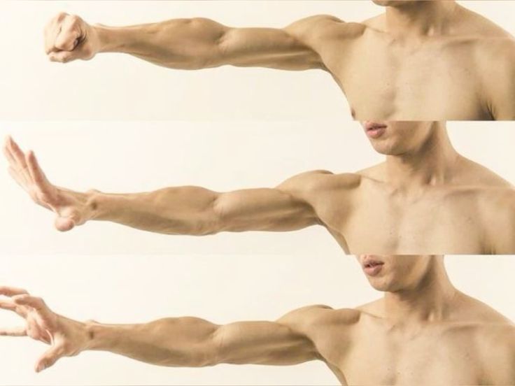 a collage of three pictures shows the same man flexed in different poses. the three images show the man with his arm raised straight out with the bicep flexed, with the arm slightly raised and bent at the elbow, and with the arm bent at the elbow and the fist clenched. the man is wearing no clothing, so the image shows his muscular physique. the background of the image is white, so that the focus is on the man's body.