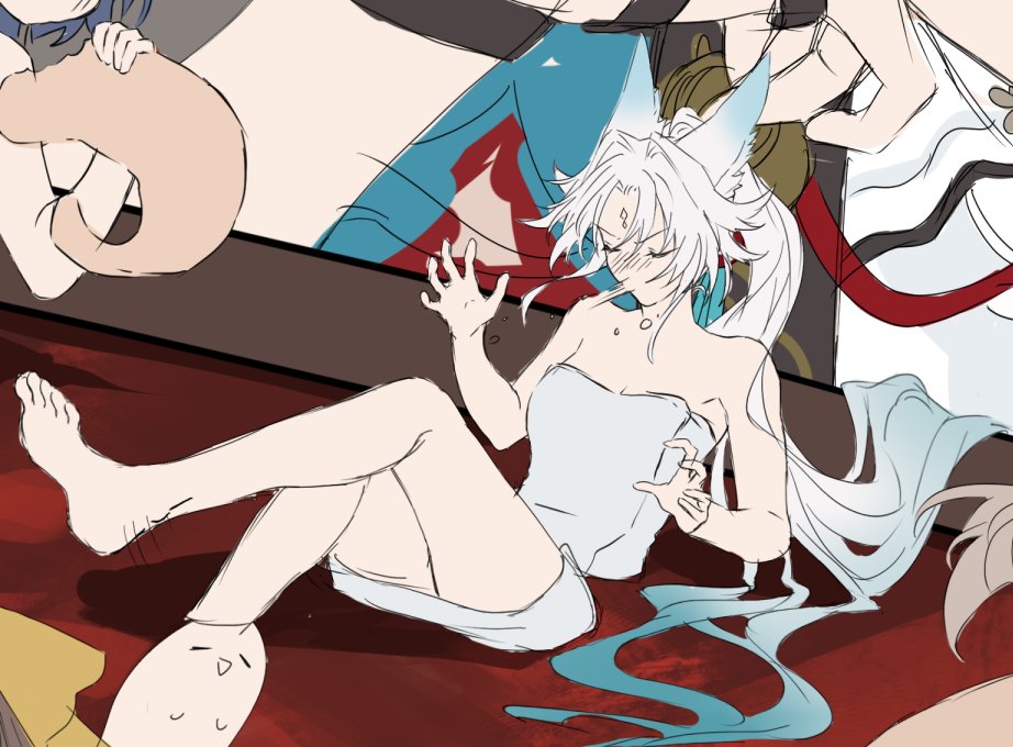 this image is a cartoon illustration of an anime girl with white hair. she's sitting on a red carpet, wearing a white towel.  she's looking shy and her hand is on the towel, as if she's about to adjust it. there is a suggestion that she was just in the bath. there's also a suggestion that another person was with her, but they are not in frame.