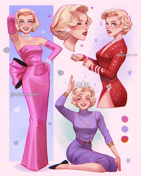 this illustration depicts four different versions of a woman. the top left shows a woman in a pink gown with a large bow at the waist. the top right shows a woman in a red sparkling dress. the bottom left shows a woman in a purple skirt and sweater,  putting a crown on her head. the bottom right shows a woman in a red dress, putting a crown on her head.