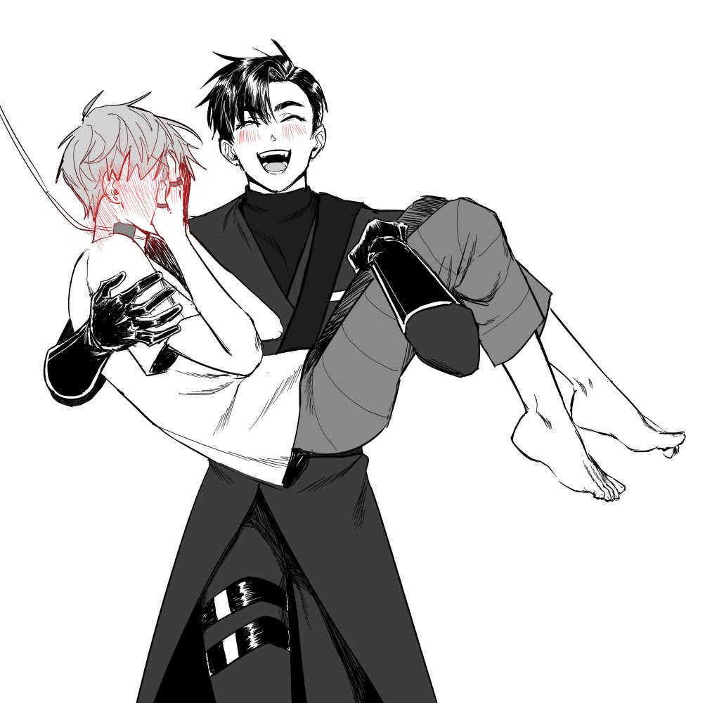 a black and white line art illustration of two anime guys. the guy in the back is holding the guy in front by the waist and legs, the guy in the front is blushing with his eyes closed and smiling. the guy in the back is laughing with his eyes open and smiling. they seem to be in a loving relationship.