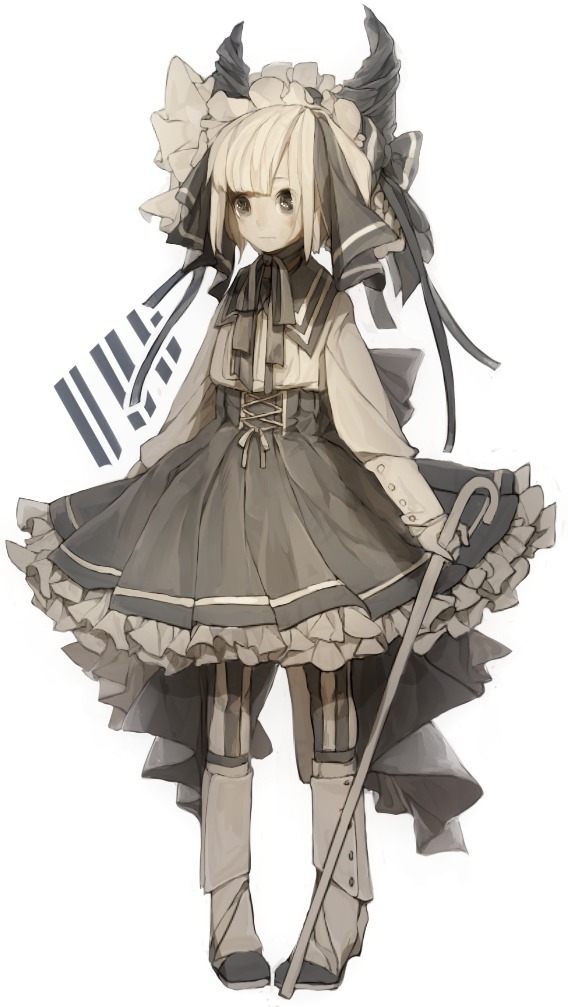 a monochrome sketch of a young girl in gothic lolita style, with small horns protruding from her elaborate headdress.  she holds a cane in one hand and wears a long, layered skirt and boots.  the style of the drawing is soft and whimsical.