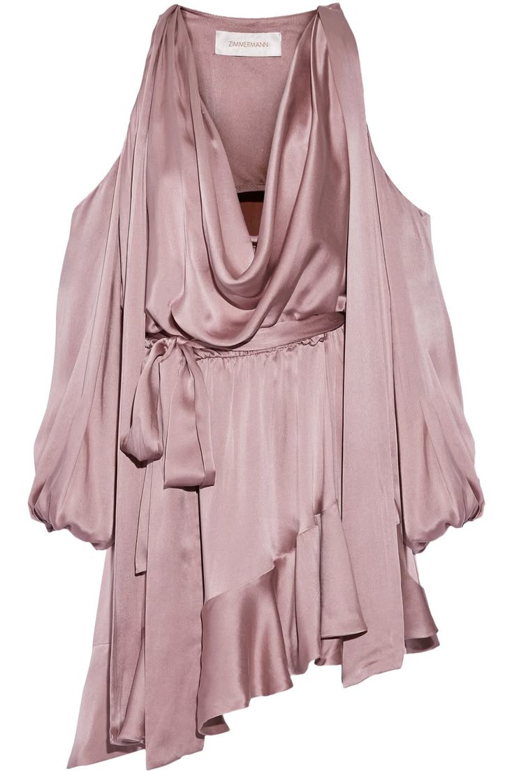 the image shows a light pink, semisheer mini dress with a draped neckline, coldshoulder sleeves, and an asymmetrical hem. the dress has a tiewaist belt and ruffled accents at the bottom. the brand is zimmermann, as indicated by a label visible at the center neckline. the dress has long balloon sleeves and a loose fit. the garment is against a plain white background.