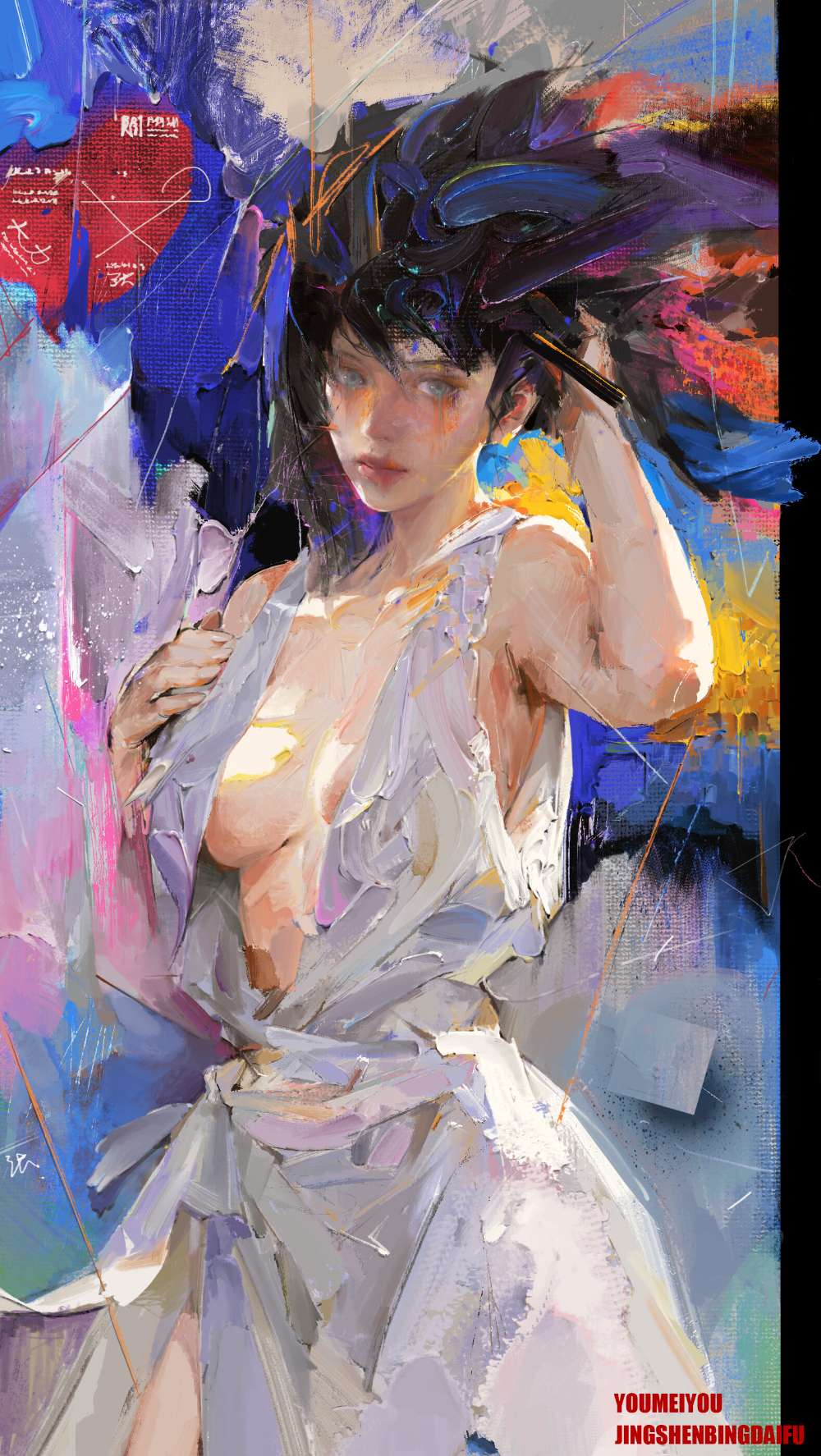 a digital painting of a woman with black hair, the style is reminiscent of an oil painting, with visible brushstrokes and a textured appearance. the woman is depicted from the chest up, and she is turned slightly to the left, her gaze directed at the viewer. her right hand is raised to her hair, while her left hand is holding the fabric of her white, loosely draped garment. the background is a vibrant, abstract composition of blue, pink, yellow, and red hues.