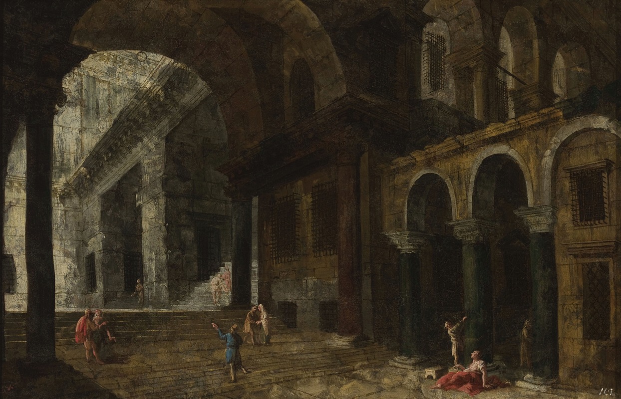 this is a painting depicting the interior of an ancient architectural structure. the scene features multiple arches, columns, and staircases. several figures are present, some engaged in conversation or interaction, while others are standing or reclining. the painting uses light and shadow to create a sense of depth and atmosphere. the architecture appears to be of roman or classical style.