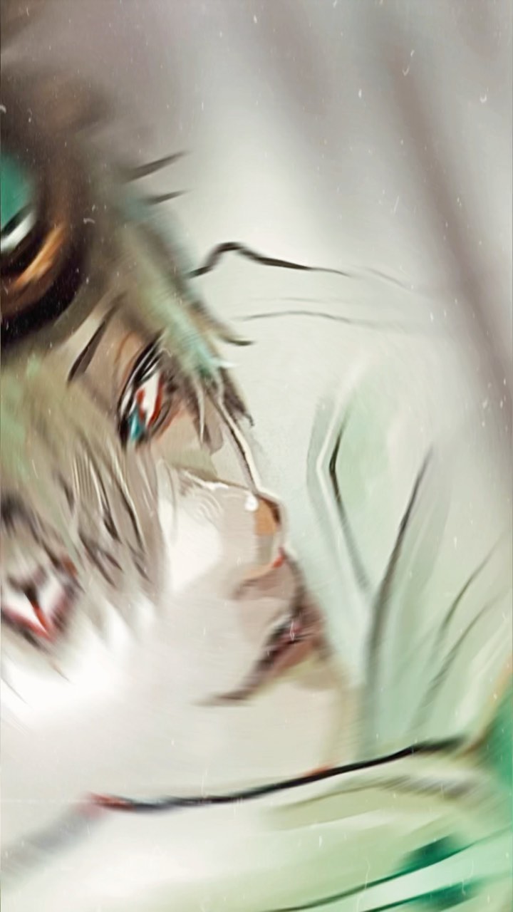 the image is a stylized digital artwork, possibly fanart, depicting a closeup portrait of an anime or mangastyle character. the character appears to have lightcolored hair with hints of green, and is wearing some sort of headwear.  their face is partially obscured by a motion blur effect, creating a dreamy and somewhat abstract look. the character seems to be in distress, possibly crying,  with visible tears or moisture around their eyes. the overall aesthetic is ethereal and emotional, with a pale color palette and painterly brushstrokes that contribute to its dreamy and somewhat distorted quality.  a filter has been applied, adding to the whimsical, slightly blurry nature of the image.