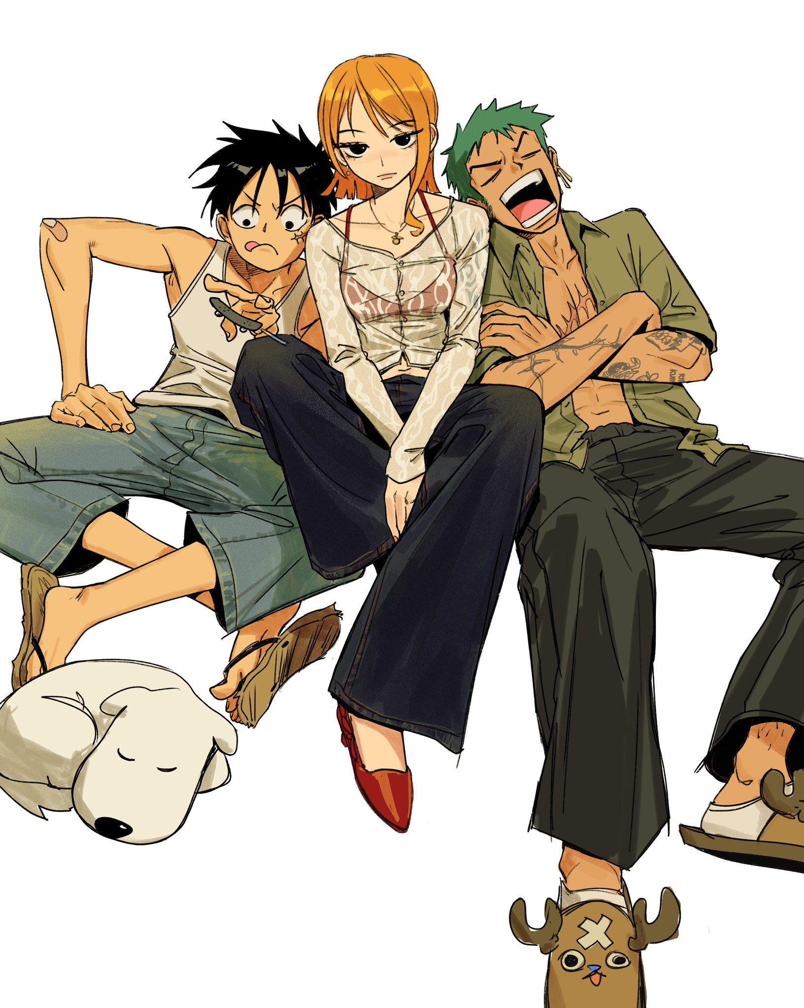a vibrant digital fanart showcases a relaxed scene featuring three beloved one piece characters: luffy, nami, and zoro.  they are casually sitting together, exuding a sense of friendship and camaraderie.  nami is positioned in the center, with luffy and zoro on either side. their attire is casual and comfortable, with luffy in a tank top and shorts, zoro in a green shirt and pants, and nami sporting a stylish top and bellbottom trousers.  their expressive faces and postures convey a playful and happy mood. a small white dog, possibly chopper, lies near luffy's feet, adding to the relaxed atmosphere.  the art style is distinctive, with bold lines and a vibrant color palette. the overall mood is lighthearted and friendly, capturing the essence of the characters' relationships within the one piece storyline.
