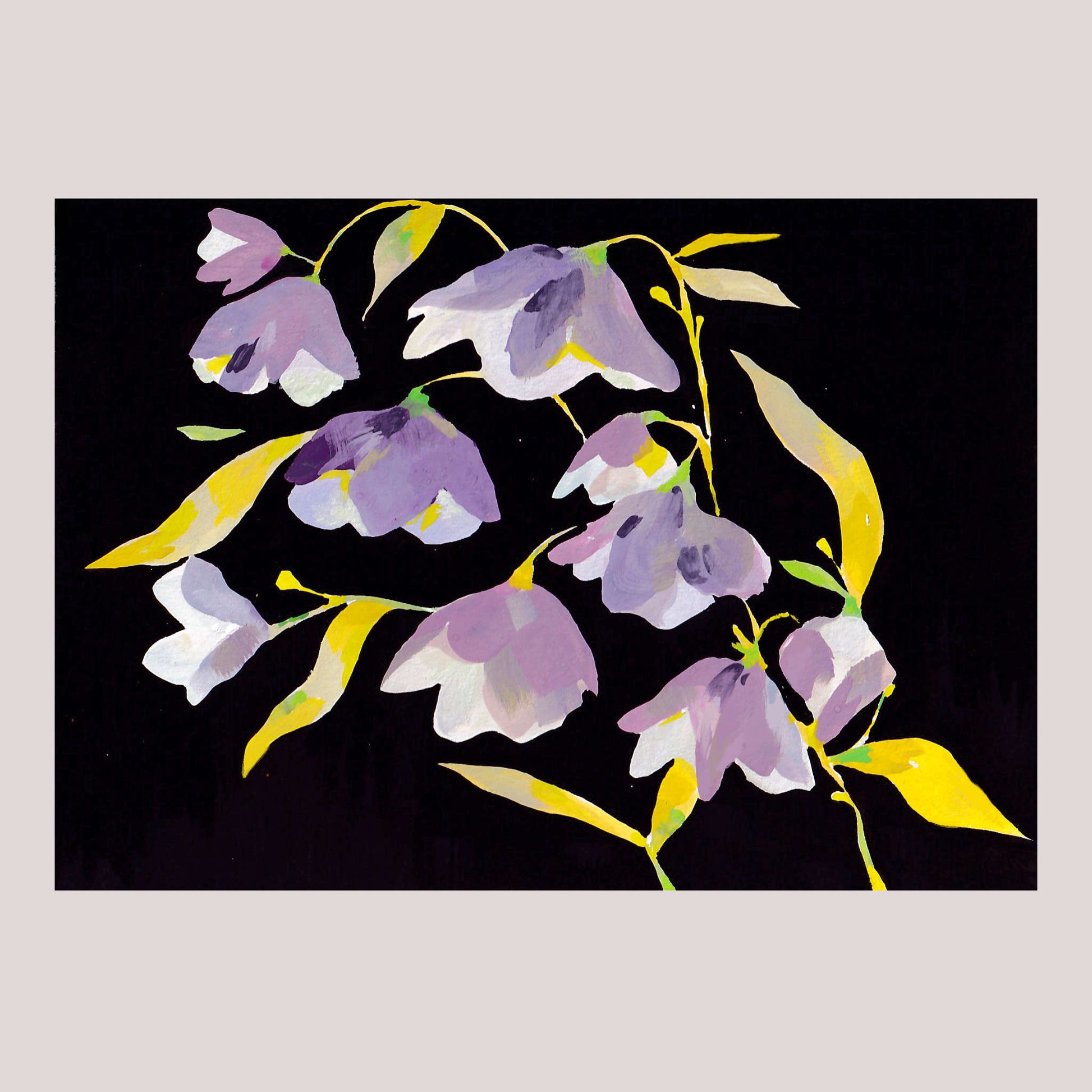 the image is a painting depicting a stylized arrangement of bellshaped purple flowers.  the flowers are rendered in loose, impressionistic strokes of purple, lavender, and white hues.  the stems are a bold yellow, contrasting sharply against the black background.  the style is modern and abstract, focusing on the overall composition and color rather than realistic detail. the painting appears to be done with gouache or watercolor.