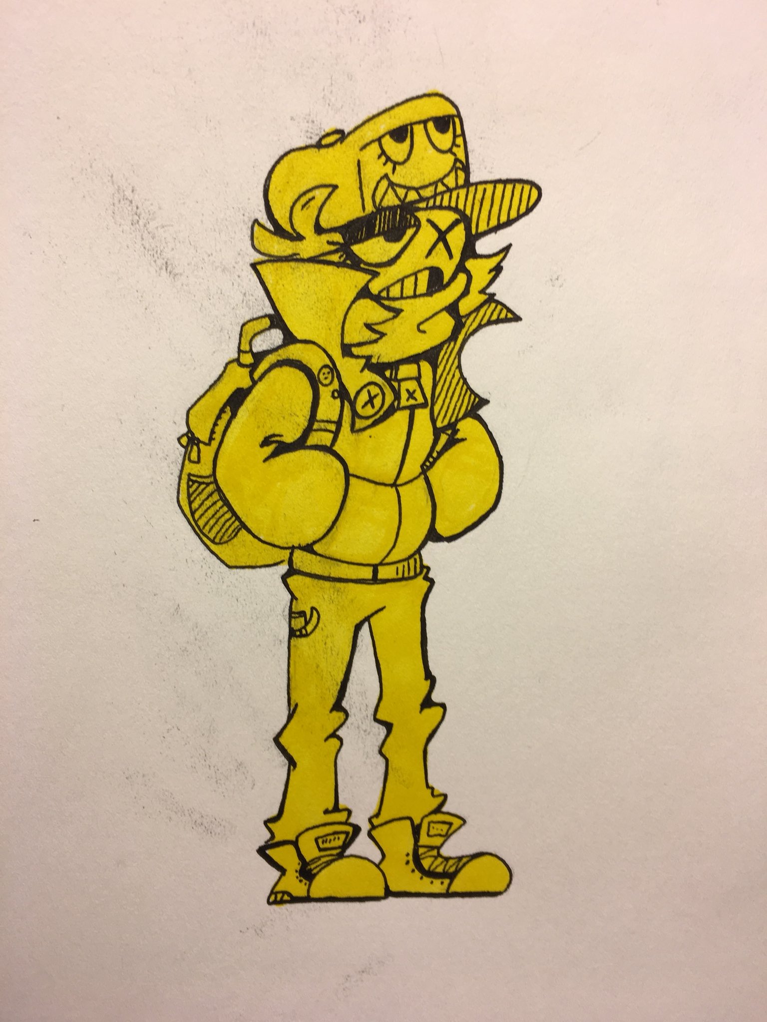 the image is a stylized, black and white drawing of a young man. he's entirely colored in yellow and stands out against the white background. he sports a backward baseball cap, a jacket, slimfitting pants, and sneakers, all rendered with a cartoonish exaggeration.  his hands are tucked in his pockets, and he carries a backpack slung over one shoulder. his expression is confident, bordering on mischievous. the drawing style is reminiscent of graphic novels or comic books.
