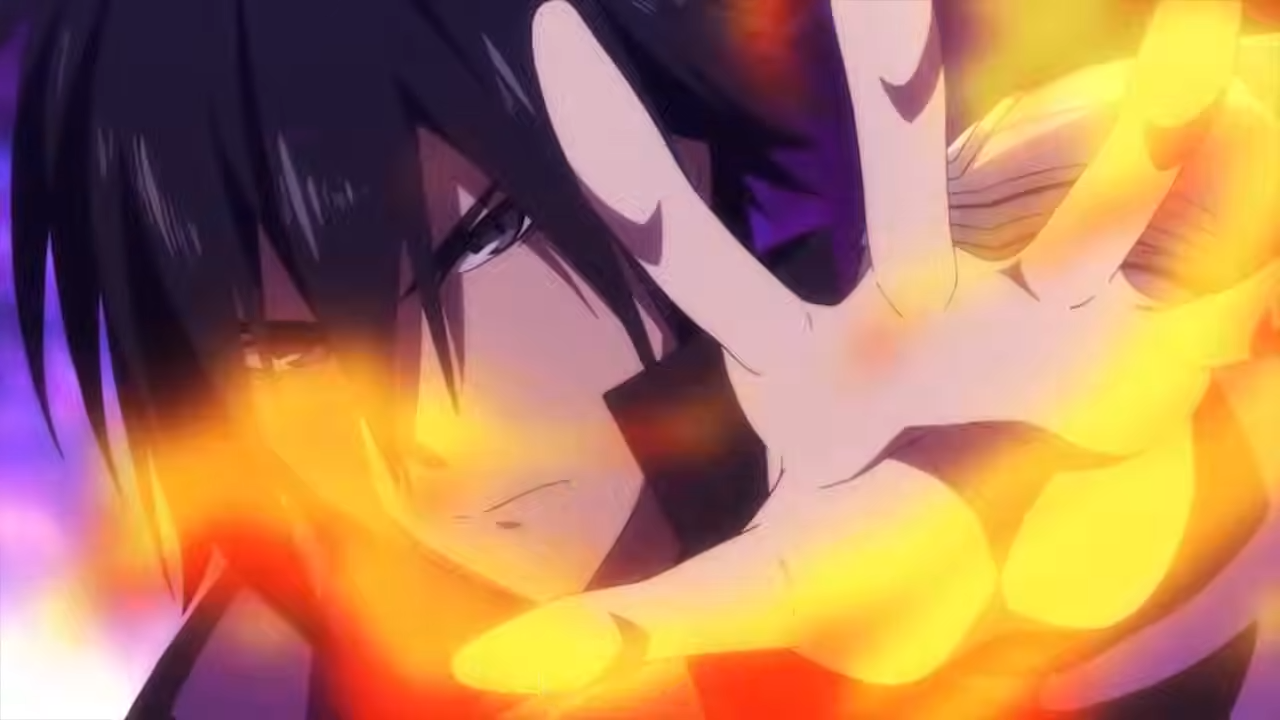 a closeup portrait of a darkhaired anime man with a serious expression. his hand is outstretched, engulfed in bright orange and yellow flames, suggesting he is about to unleash a powerful fire magic attack. the background is an abstract blend of purple and blue hues, further emphasizing the intensity of the moment.