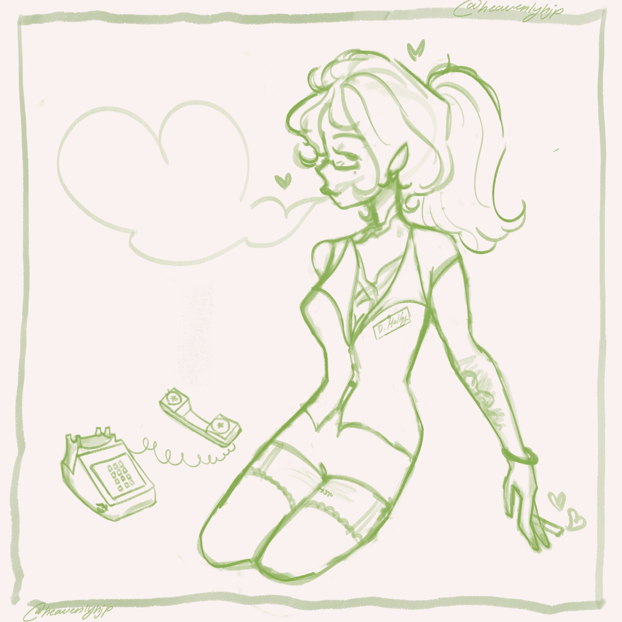 a green and white sketch of a woman sitting and thinking with a phone on the ground. she looks like she is daydreaming. the background is a light green color.