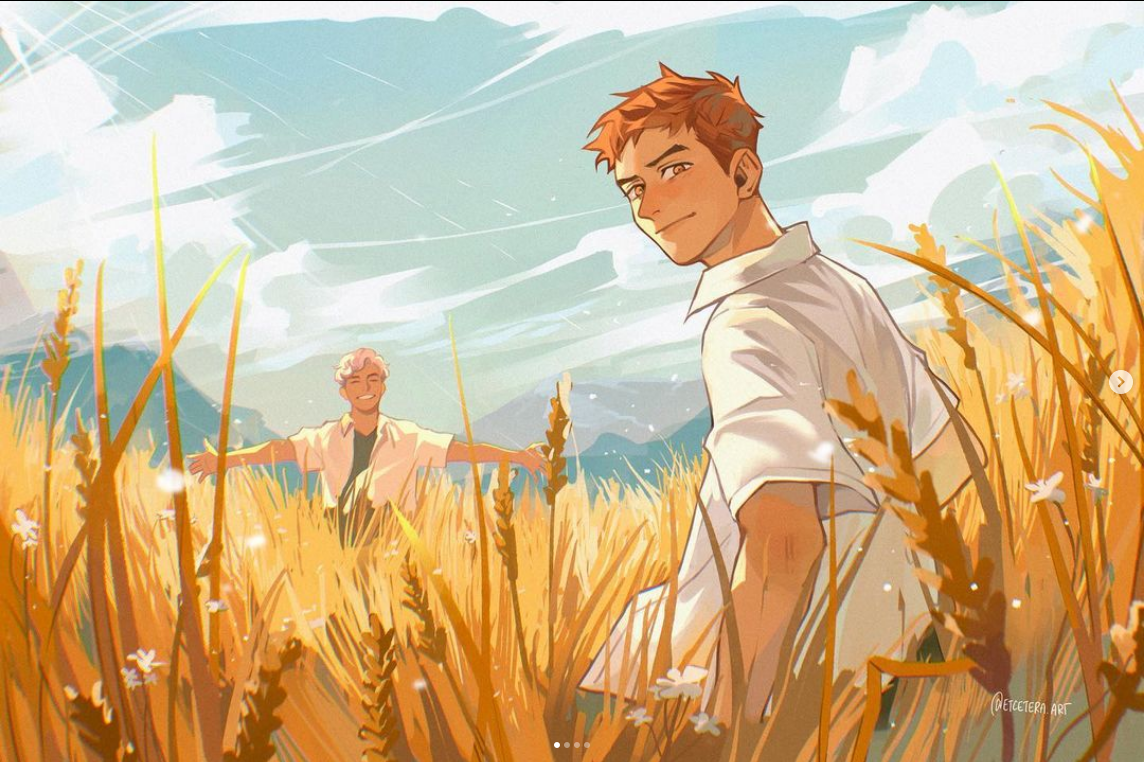 two young men are enjoying a sunny day in a field of golden wheat. one man with white hair has his arms outstretched, while the other man with red hair looks back at the viewer with a smile. the scene is idyllic and peaceful, with rolling hills and a clear blue sky in the background. the art style is soft and painterly, with warm, inviting colors.