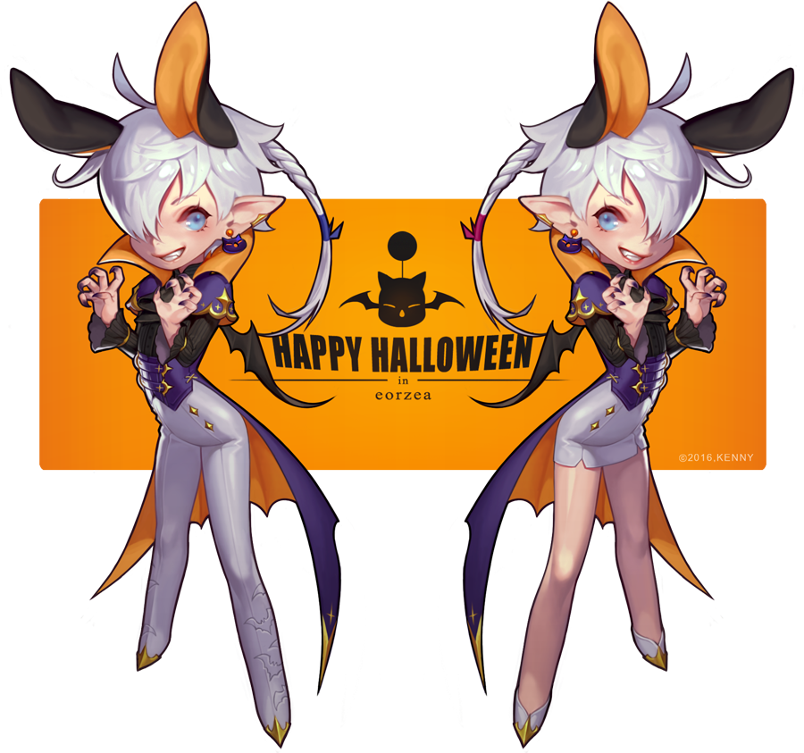 the image showcases two identical fantasy characters against a black background, dressed in halloween costumes. they are designed in a cute, chibi art style.  their outfits feature a black and purple color scheme with orange accents, and they have bat wings, horns, fangs, and pointy ears, suggesting a vampire or elflike appearance. the characters are positioned in front of a vibrant orange rectangular sign that reads "happy halloween in corzca".  the overall image evokes a playful and festive halloween atmosphere.