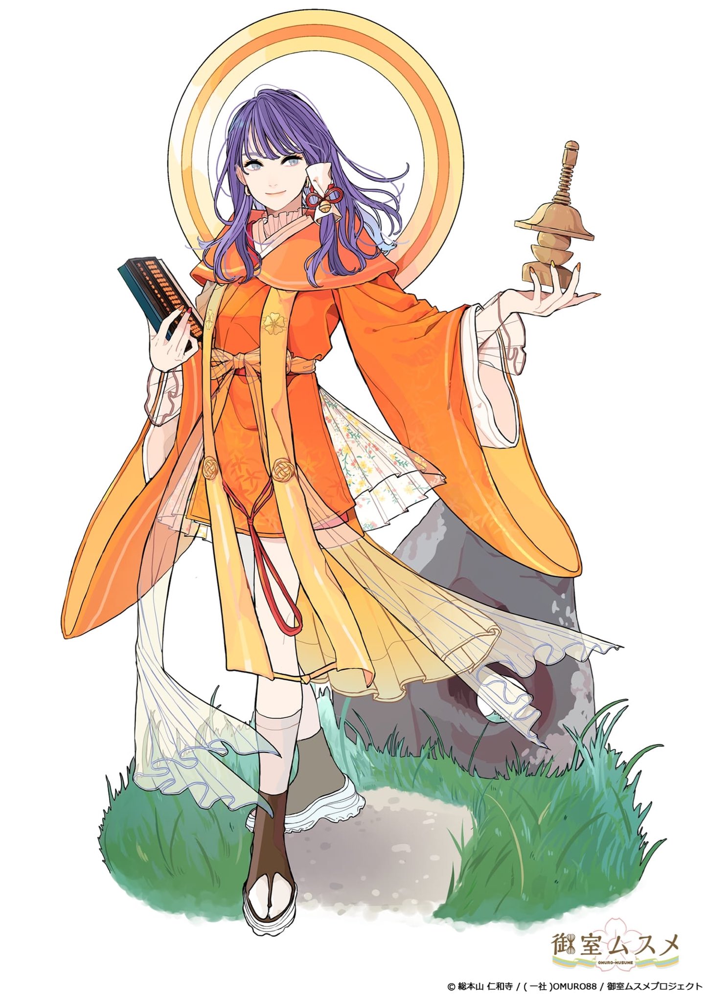 an animestyle illustration depicts a smiling girl with long, flowing purple hair and a bright orange robe. she stands on a patch of grass near a gray rock. behind her head is a halo made of concentric golden yellow circles. she holds an abacus in her left hand and a small pagoda in her right hand. her outfit includes a yellow dress and sandals. the overall impression is cheerful and whimsical.