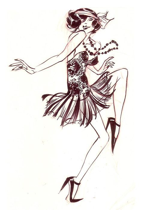 a stylized black and white sketch depicts a flapper woman in a 1920s style outfit. she is wearing a fringed dress, a beaded necklace, and a headband. she is also wearing high heels and is depicted in a dancing pose. the drawing has a vintage fashion illustration feel.
