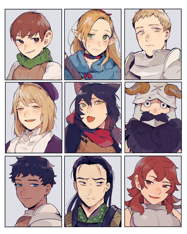 the image is a digital illustration showcasing nine distinct animestyle character portraits arranged in a 3x3 grid.  each portrait is a closeup headshot, featuring a variety of character designs with different hairstyles, clothing, and accessories reflecting various fantasy archetypes. there's an elf, a knight, a catgirl, a dwarflike character, a samuraiesque figure, and other individuals representing a diverse cast. the art style is soft, with pastel coloring and gentle shading creating a calming and pleasant overall aesthetic. each character has unique facial expressions and features, exhibiting personality. the style evokes a sense of gentle fantasy or roleplaying game character design.