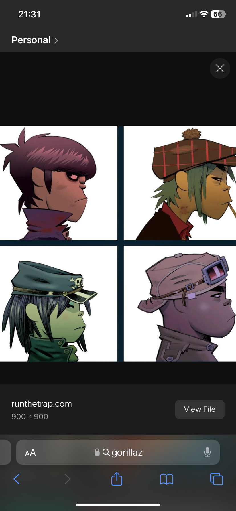 a photo of the gorillaz band members, noodle, murdoc, russel, and 2d.  the image is cropped from a larger image of a phone screen.  the band is a fictional cartoon band from the uk known for their music, animations, and visual art style.