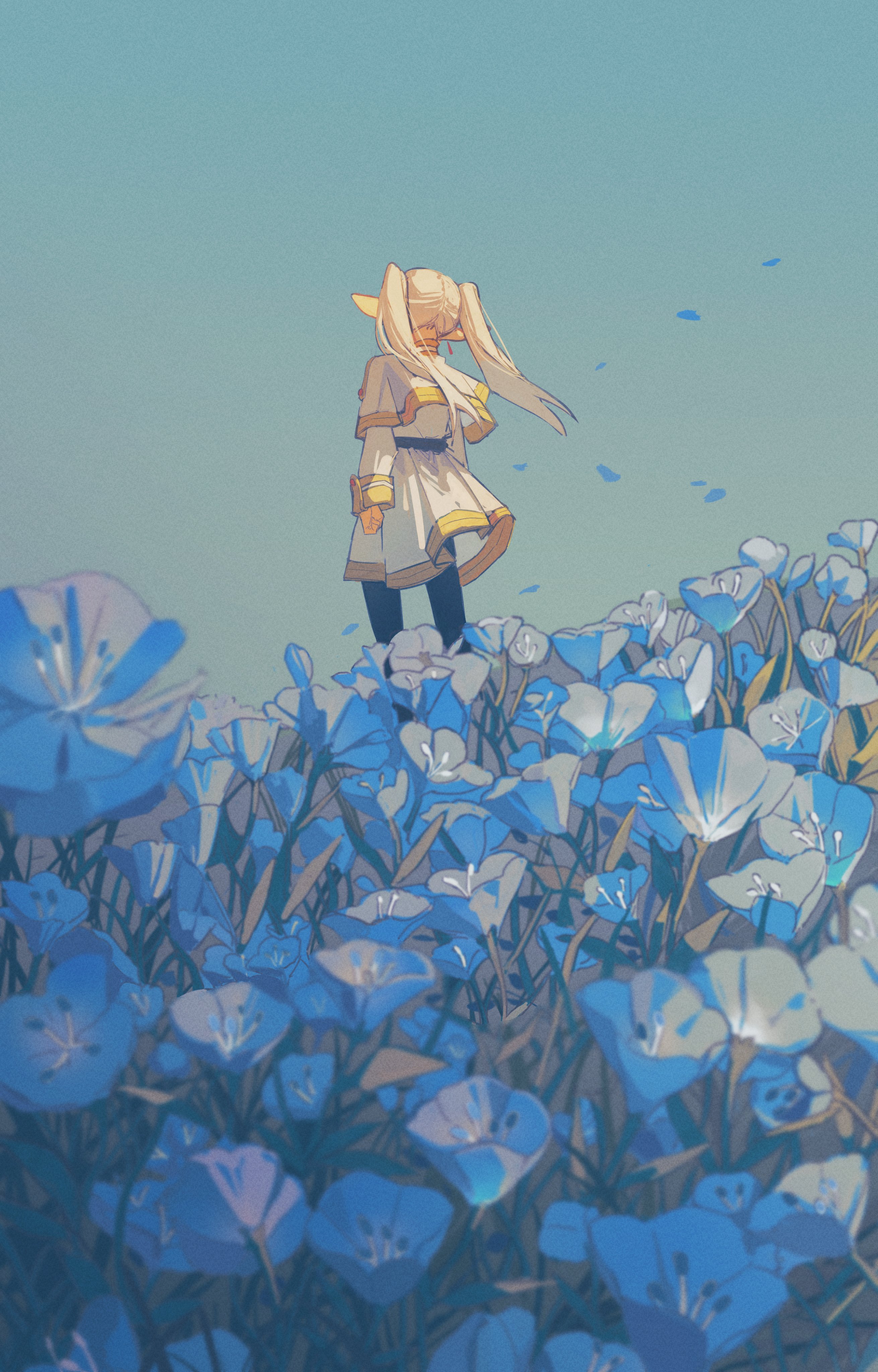 the image shows a young girl with long, blond hair and pointy ears standing in a field of blue flowers. she is wearing a white dress and a gold belt. the sky is blue and the sun is shining. the image has a soft, dreamlike quality. the perspective is from a low angle, looking up at the girl. the overall palette is cool and calming, with blues and greens dominating.