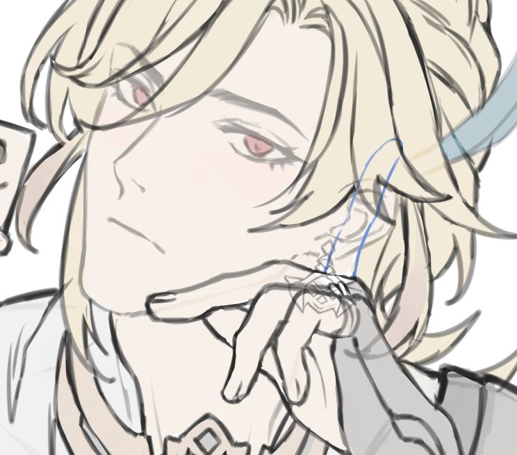 this is a digital sketch of a young man. he has long blond hair and is wearing a white collar shirt with a black jacket over it. he is looking at the viewer with a slightly suggestive and mysterious expression, as he holds his chin with his hand. he has a tattoo on his hand and an earring in his ear. the image is drawn in a sketchy style, with soft lines and subtle shading.