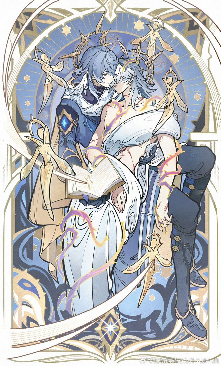 the image is a piece of fanart depicting aether and lumine, the twin protagonists from the popular video game genshin impact.  they are depicted in an intimate embrace, both wearing elegant, flowing clothing with celestial motifs. aether is on the left and lumine is on the right. they are surrounded by an ornate, gold and blue frame filled with stars and delicate, winged figures.  a book rests open between their hands, adding a mystical element to the scene. the art style is reminiscent of anime and manga, with detailed linework and soft color palettes.  the overall mood is serene, romantic, and magical.