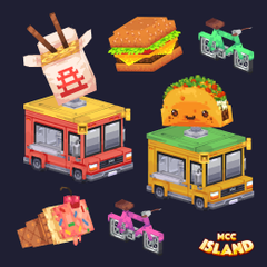 two cute pixel art food trucks, one red and one yellow. the red one has a take out box on top and the yellow one has a taco. there is also a burger, ice cream cone, and two bikes in the image.
