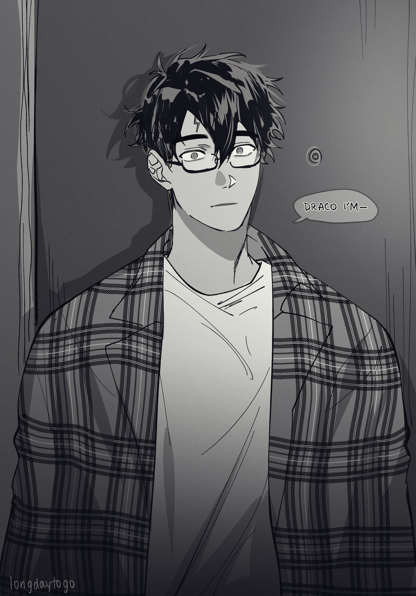 a black and white illustration of a young man, possibly inspired by draco malfoy from harry potter. he has dark hair, glasses, and is wearing a plaid jacket over a simple shirt. he has a serious expression, and a speech bubble above him says "draco i'm". the style is reminiscent of anime or manga, with a focus on shading and linework to create depth and mood. the background is a simple dark wall.