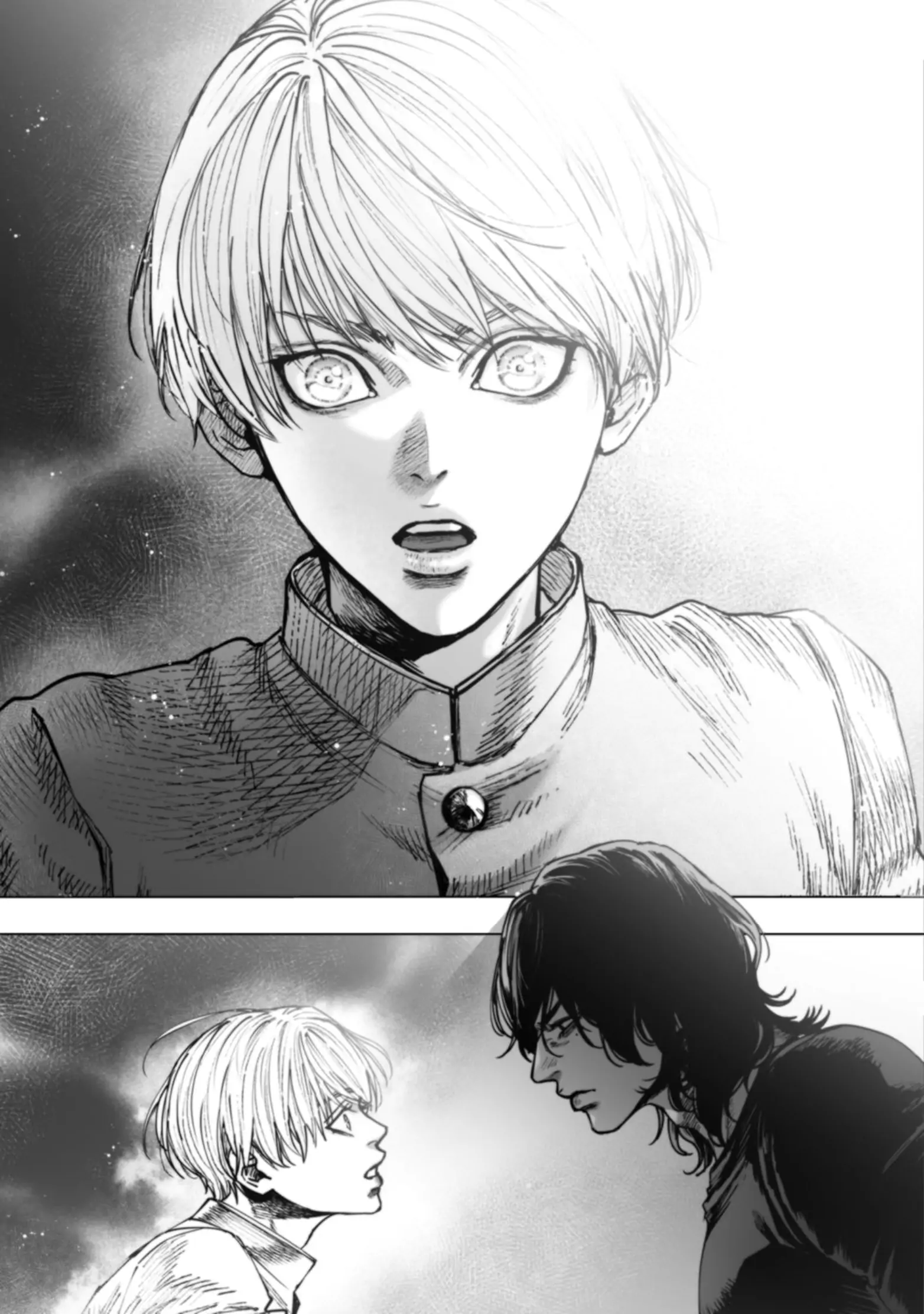 he image is a mangastyle illustration divided into two panels.  the top panel shows a closeup of a young boy with short, white hair, wide eyes, and a surprised/frightened expression. he is wearing a school uniform. the bottom panel depicts a different young male with longer, dark hair, and a more serious expression, interacting with another young boy (who looks similar to the boy in the top panel but less detailed and with a less intense expression). the style is heavily shaded in monochrome, creating a dramatic and intense mood. the focus is on the characters' faces and emotions.