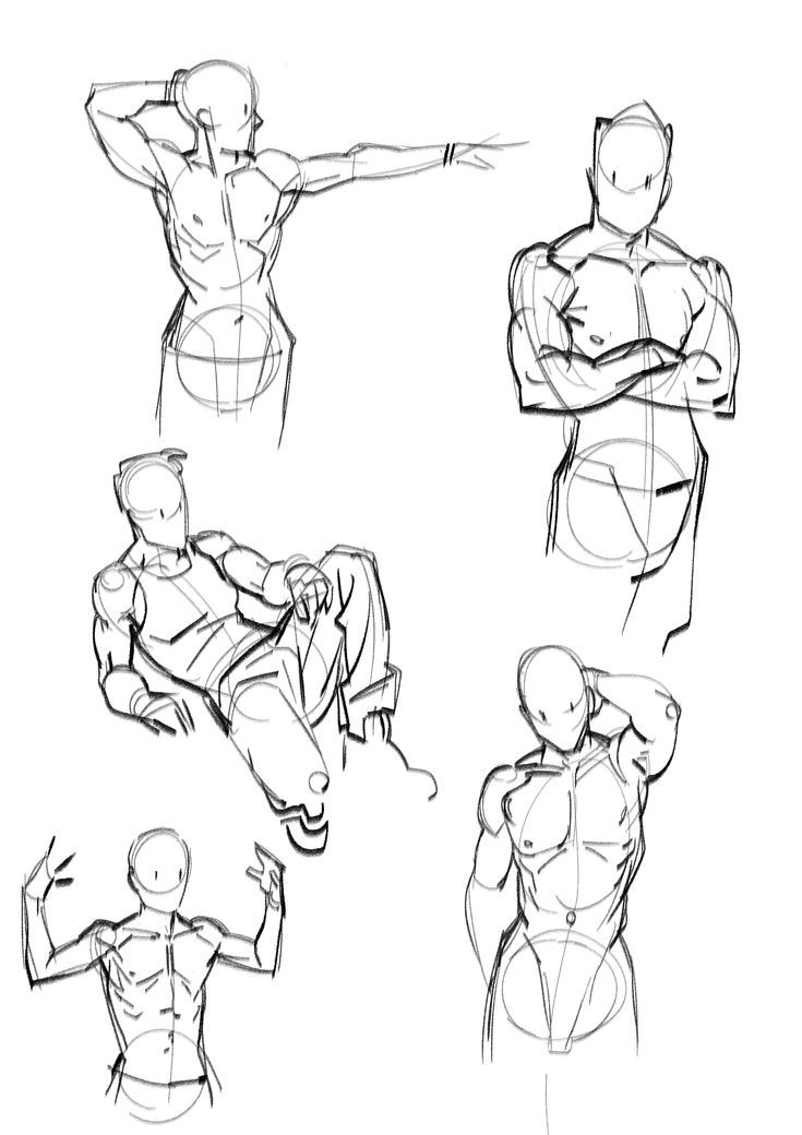 the image contains five quick sketches of male figures in various poses.  the sketches are done in a loose, gestural style with emphasis on capturing the movement and anatomy of the body.  the lines are expressive and fluid, rather than precise and detailed.  the figures demonstrate different postures: reaching back, arms crossed, lounging, and two in more dynamic poses. the underlying anatomical structure is suggested in some sketches. the style suggests these are practice sketches, possibly done from life or memory.