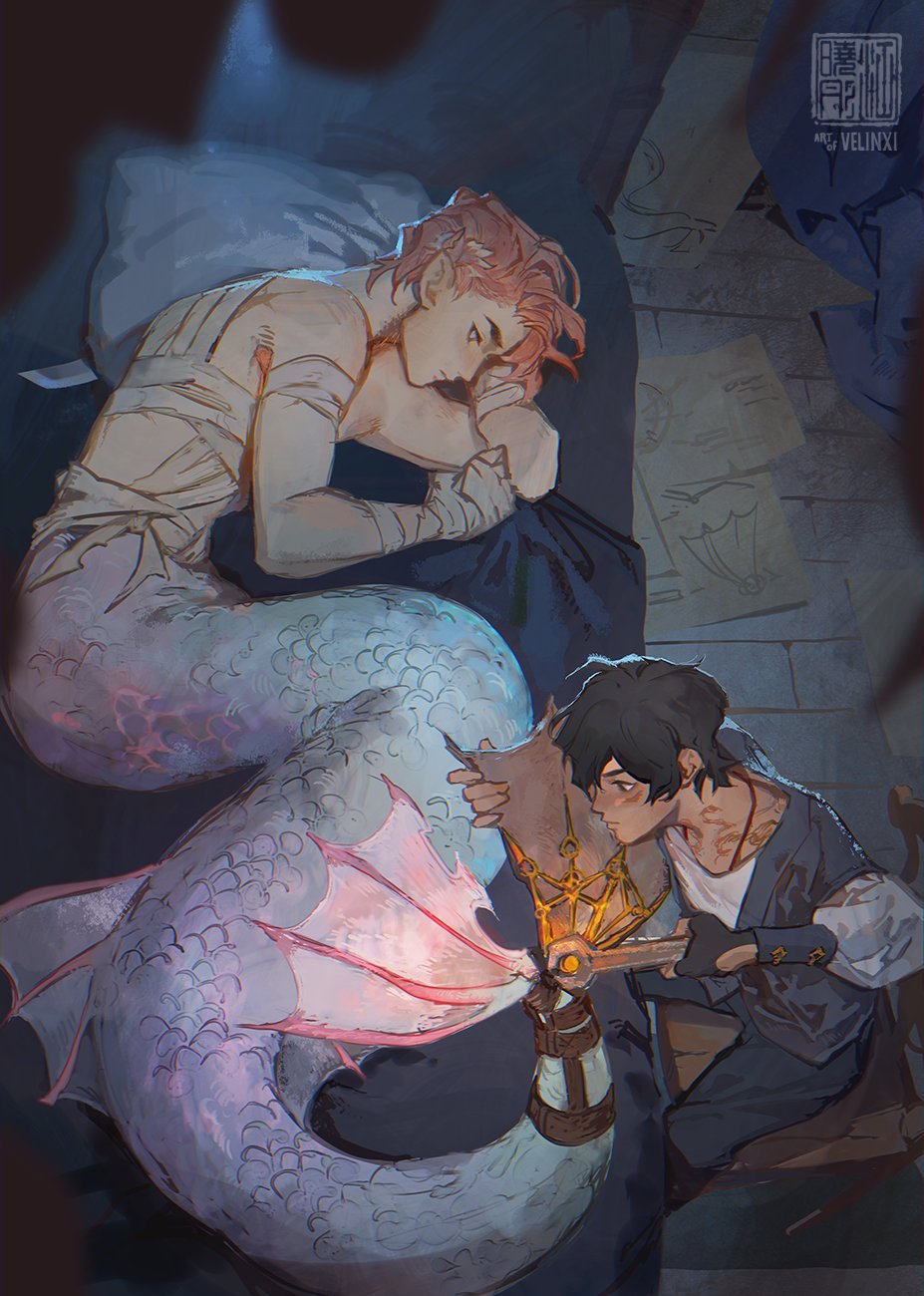 the image is an illustration that shows a merman lying down and wrapped in bandages. his tail is large and scaly. a man with dark hair wearing a navy blue shirt is holding a lit lantern by the merman's tail. there are drawings on the floor next to them.