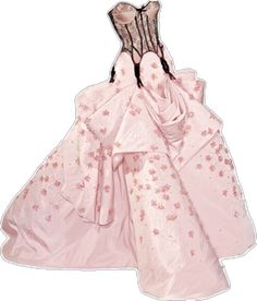a pink dress with lace detailing, floral accents, and a strapless corset top.  the dress is very voluminous, with a flowing skirt and a fitted bodice.  it is a beautiful and elegant dress that would be perfect for a wedding or other formal occasion.