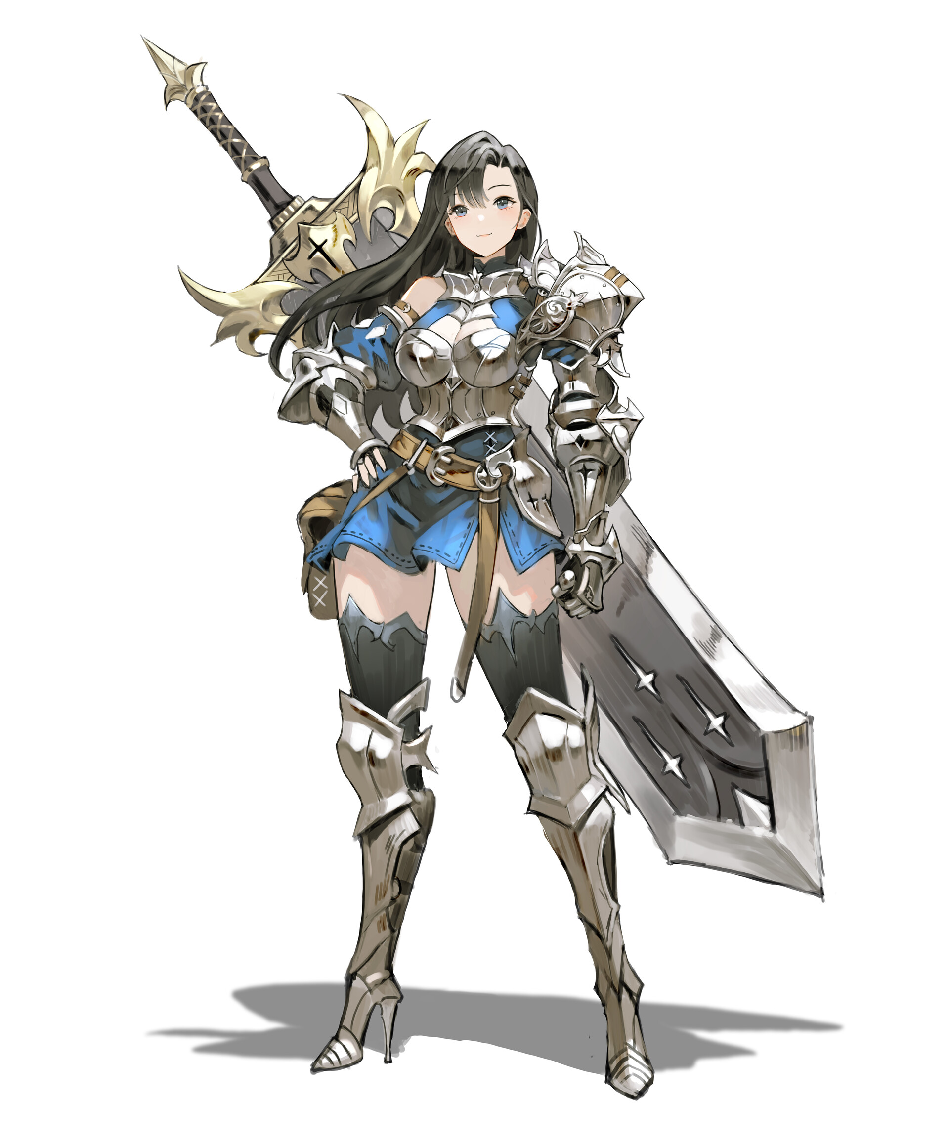 a full shot of a woman in shining steel armor drawn in anime style. she is holding a large sword and shield. she is wearing high heeled boots and thigh high socks. her armor consists of a breastplate, shoulder armor, and leg armor. she is also wearing a short blue dress with a belt and pouch. she has long black hair and a pleasant expression on her face.