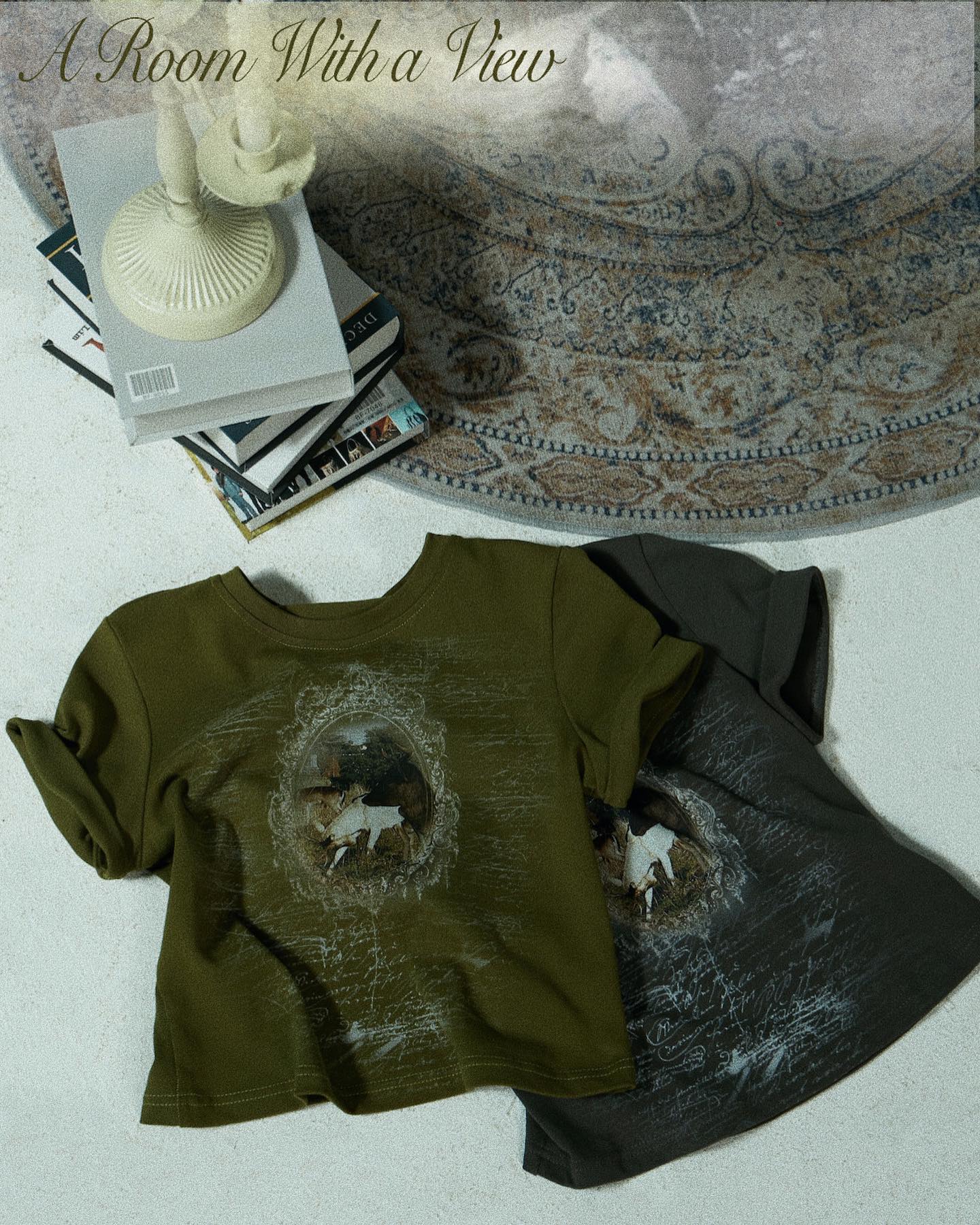 the image shows two tshirts, one olive green and one dark gray, both with a vintagestyle graphic print. they are laid on a rug with a book stack and a table lamp in the background. the overall aesthetic is vintage and homely. the text "a room with a view" is overlaid on the image.