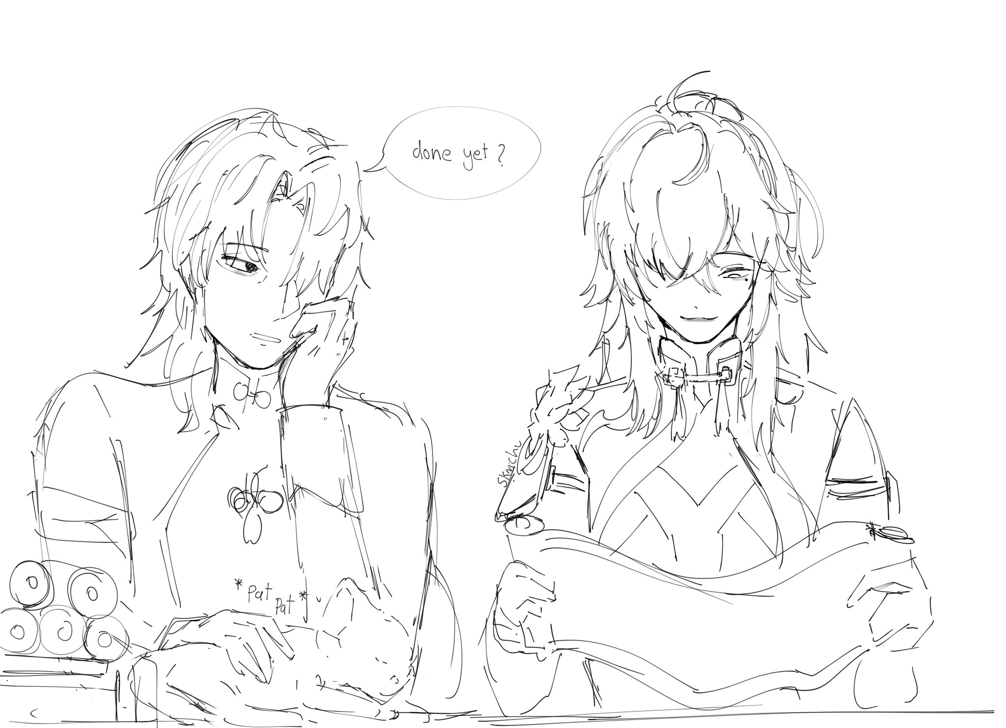this is a sketch of two anime male characters. one has short hair and is sitting at a table, looking down. he is holding his chin and thinking. the other has long hair and is sitting at the table looking up. he has a speech bubble above his head that says "done yet?" there are some objects on the table in front of the shorthaired character. there is text below the character that says "pat pat".