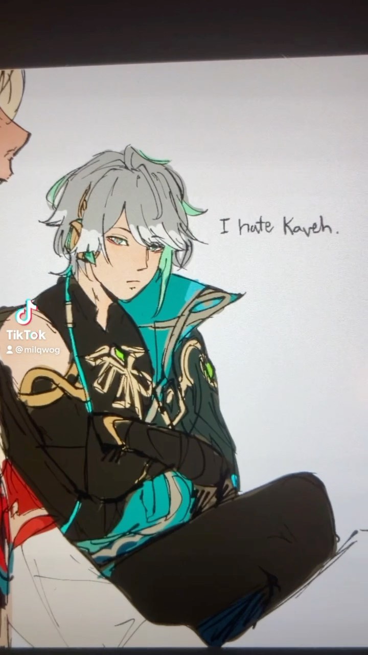 a digital drawing or sketch of alhaitham from genshin impact.  the artwork depicts alhaitham sitting with his arms crossed, and features his distinctive teal and black attire.  the artist has included the text "i hate kaveh."  the drawing style is reminiscent of anime or manga. the image includes a tiktok watermark.