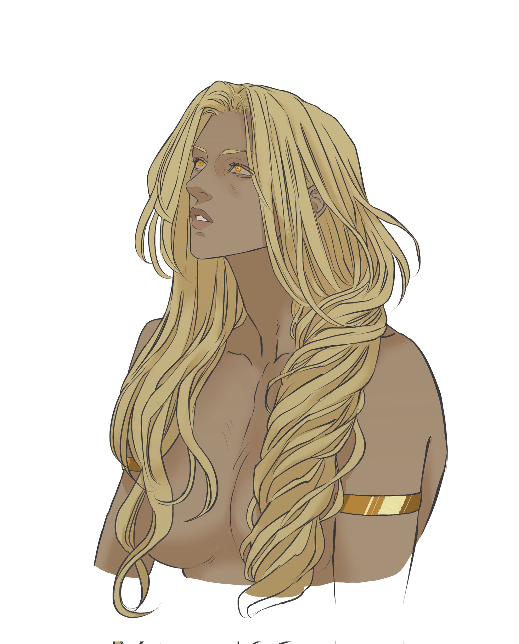 a portrait of a woman with blonde hair, golden eyes, and tan skin. she is facing left and looking up. her long hair is styled in a braid on one side. she wears a golden arm band. the image has a fantasy illustration style.