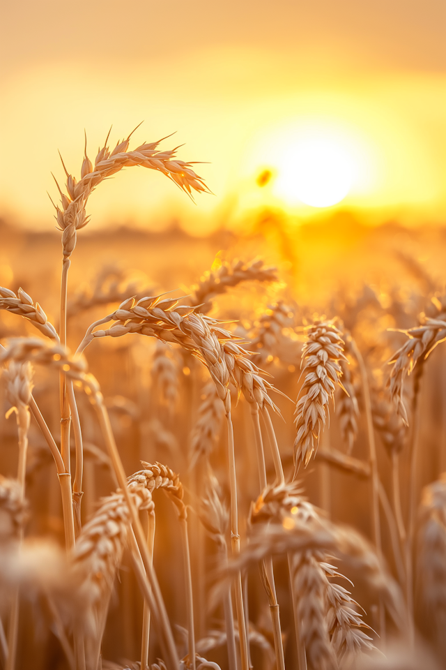 the image showcases a closeup view of a wheat field bathed in the warm, golden light of a setting sun.  the sun is partially visible in the background, creating a hazy, sunlit ambiance. the wheat stalks are ripe and golden, their heads heavy with grain.  the focus is primarily on the foreground, with the background softly blurred, emphasizing the texture and color of the wheat. the overall mood is peaceful and serene, capturing the beauty of a rural landscape at sunset during harvest time.