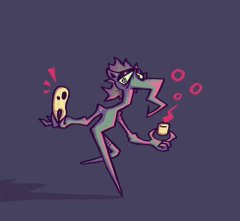 a quirky, longlimbed creature with purple skin and spiked hair races across a dark background. it holds a small, flickering candle in one hand and a surprisedlooking, pale yellow ghost in the other. the creature's mouth is open as if it's chattering excitedly, and a few small circles float near its head, perhaps indicating bubbly laughter or excited breaths. the overall scene has a playful, cartoonish energy, suggesting a lighthearted approach to spooky themes.
