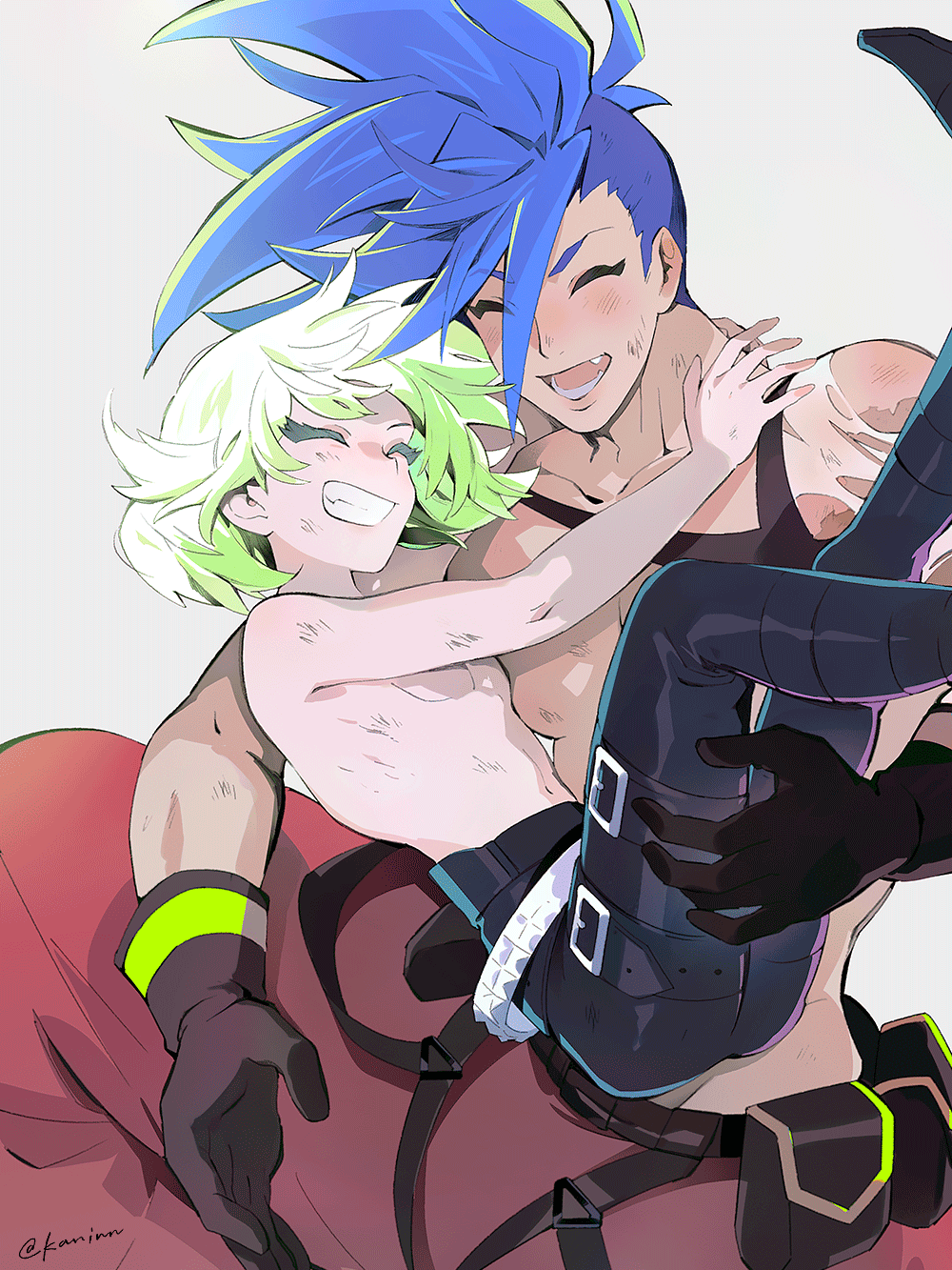 the image depicts a male anime character with blue hair, hugging a female anime character with green hair. the male character is wearing a red and black outfit, while the female character is wearing black clothes. the male character is smiling and looks happy, while the female character has a surprised and happy look on her face. the image is stylized and has a vibrant and playful style. they both appear to be in love, and the scene evokes a feeling of warmth and joy.