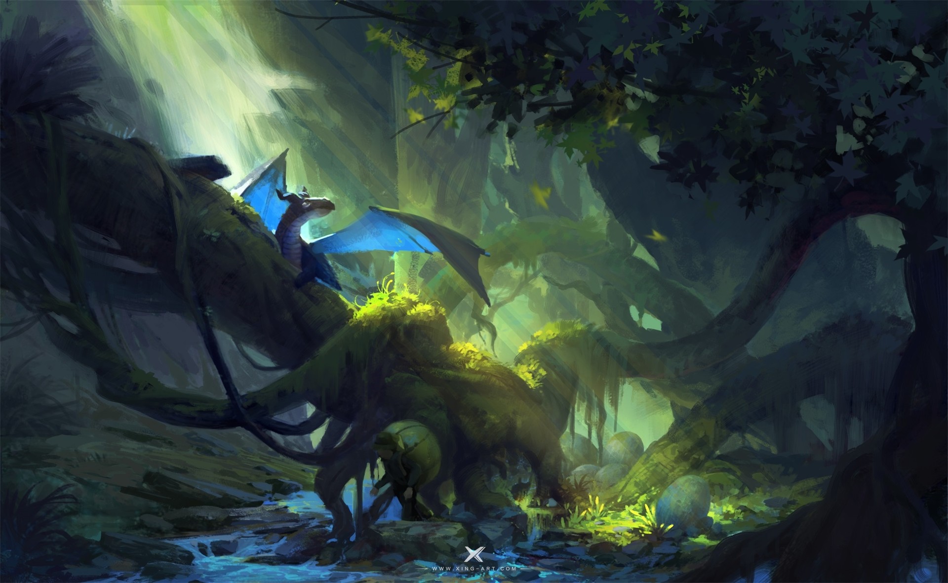 a digital painting of a fantasy scene depicting a young blue dragon nestled amongst the roots and moss of an ancient, overgrown forest.  sunlight streams through the canopy, illuminating the dragon and highlighting the lush green vegetation. several large eggs are visible on the forest floor near a small stream, suggesting a dragon's nest or lair. the overall atmosphere is mystical and magical, emphasizing a sense of wonder and enchantment. the style is painterly, with visible brushstrokes adding texture and depth to the image.
