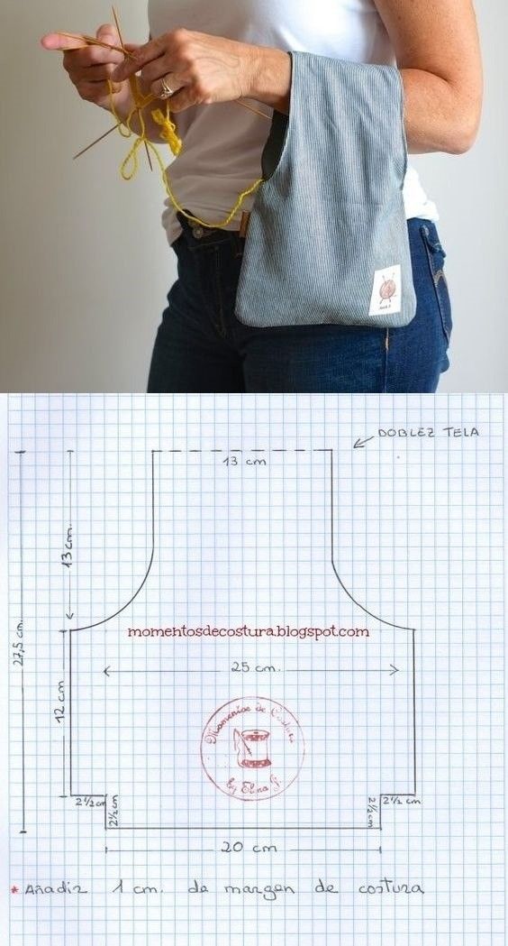 the image shows a woman knitting with a gray fabric knitting bag hanging off her waist, next to a sewing pattern with measurements.