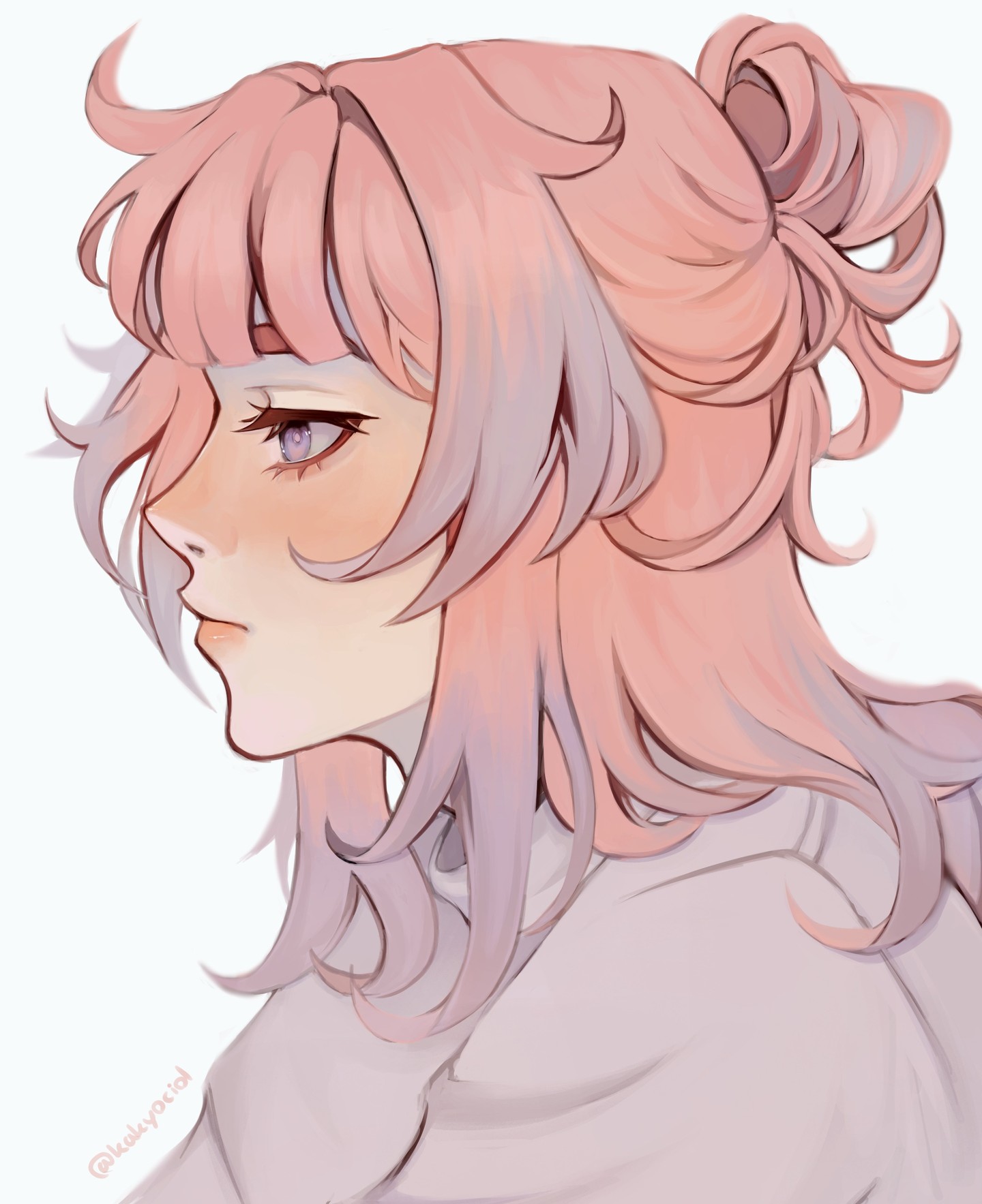 the image is a digital painting or illustration of an animestyle female character. she is depicted from the profile view, with her long, pastel pink hair styled in a loose bun.  her hair features subtle purple highlights. her expression is serene and calm, with a soft blush on her cheeks. she appears to be wearing a lightcolored sweater. the overall style is soft, dreamy, and delicate, utilizing a pastel color palette. the art is highly detailed, focusing on the character's hair and facial features.  the background is plain, allowing the character to be the focus of the image.