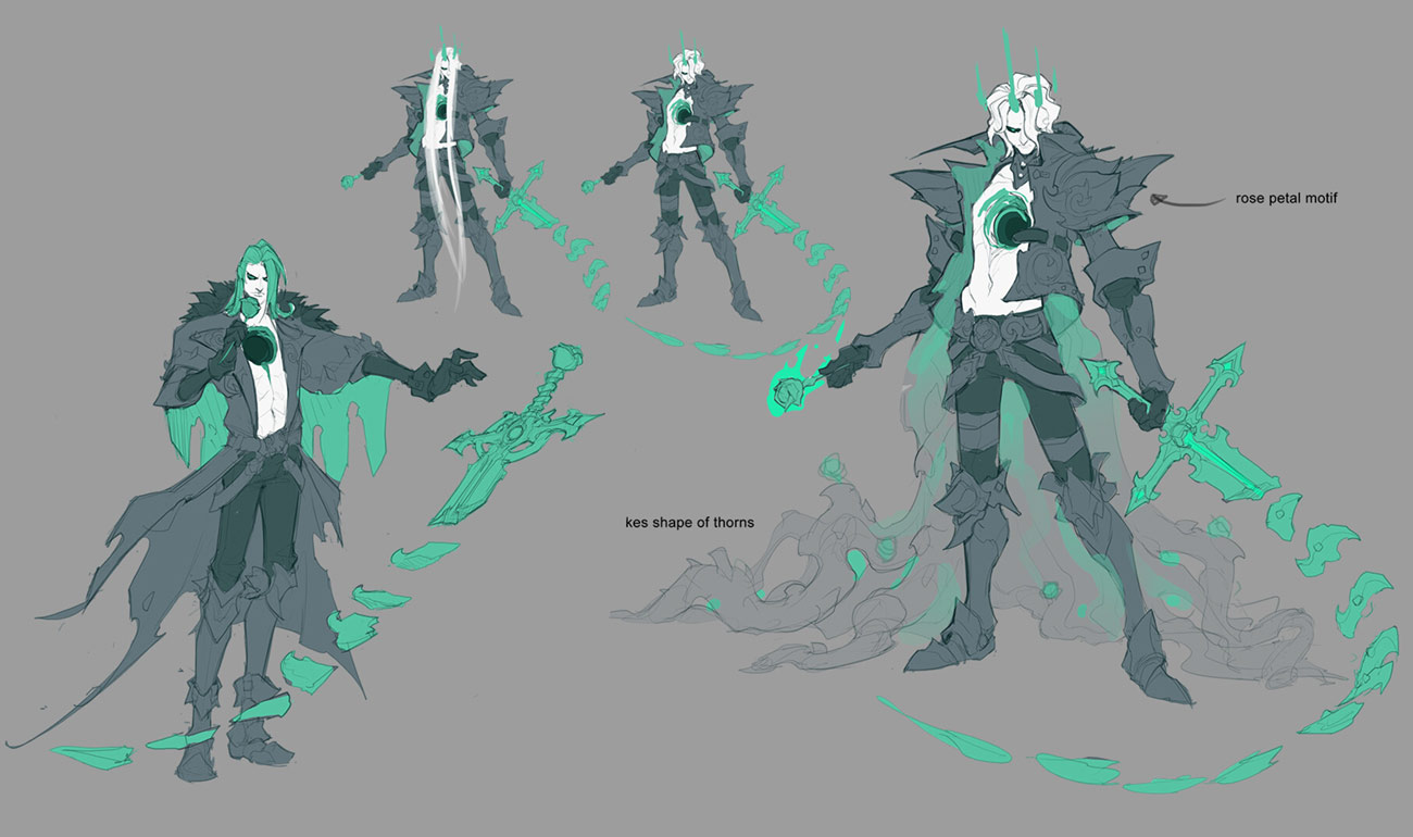 this is a concept art illustration of a male character in armor holding a sword with a rose motif. the character is drawn in a stylized, animeinspired style, with a focus on the details of the armor and the sword. the art is in grayscale and green, giving it a mystical and mysterious feel.