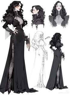 the illustration depicts a woman in a black dress with intricate detail and a long train. her dark hair is styled with a side part. she is standing with her hand on her hip, and looking at the viewer. there are two other women in the image, one in white and the other in black. they are all dressed in elegant gowns and their hair is styled in a similar way. the illustration appears to be a portrait of a woman, perhaps a sorceress or witch, with a dark and elegant style.